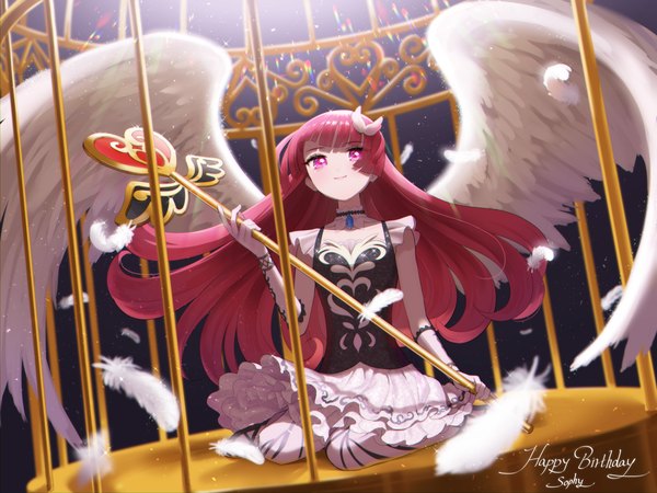 Anime picture 2400x1800 with puri para pretty (series) houjou sophie o4ritarou single long hair highres red eyes sitting red hair light smile character names wariza looking up white wings happy birthday girl wings feather (feathers) staff