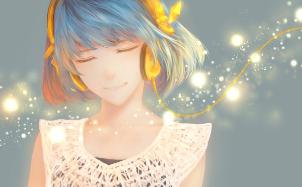 Anime picture 1200x744 with original bounin single fringe smile wide image blue hair blunt bangs multicolored hair sparkle girl headphones