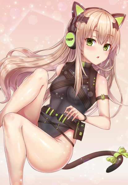 Anime-Bild 600x868 mit girls frontline tmp (girls frontline) heifetz single long hair tall image looking at viewer blush fringe breasts open mouth light erotic simple background blonde hair hair between eyes green eyes animal ears payot bent knee (knees) tail