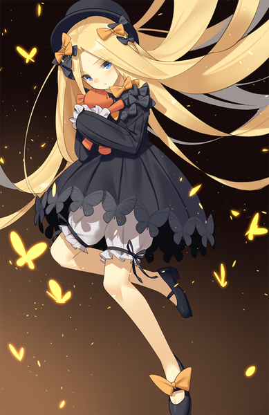 Anime picture 779x1200 with fate (series) fate/grand order abigail williams (fate) yura (botyurara) single tall image looking at viewer blush blue eyes blonde hair full body very long hair girl dress bow hair bow hat black dress insect butterfly