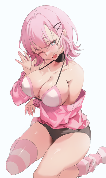 Anime picture 1500x2520 with original zerocat single tall image looking at viewer blush fringe short hair breasts open mouth blue eyes light erotic simple background hair between eyes large breasts white background sitting pink hair head tilt off shoulder