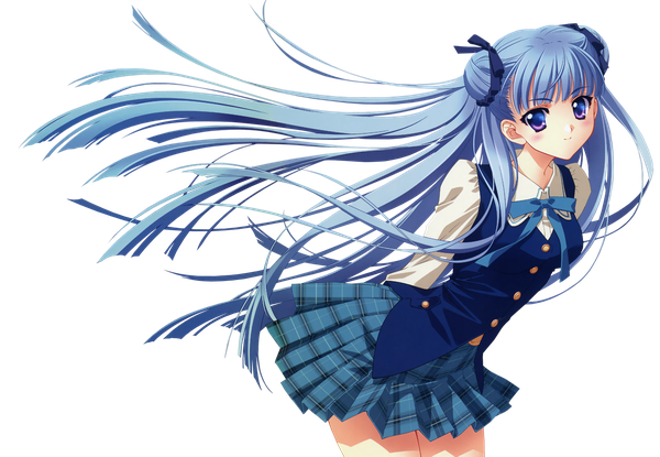 Anime picture 1600x1107 with para-sol yatabe noa carnelian single long hair looking at viewer blush fringe smile standing purple eyes blue hair pleated skirt hair bun (hair buns) leaning leaning forward floating hair plaid skirt hands behind back transparent background