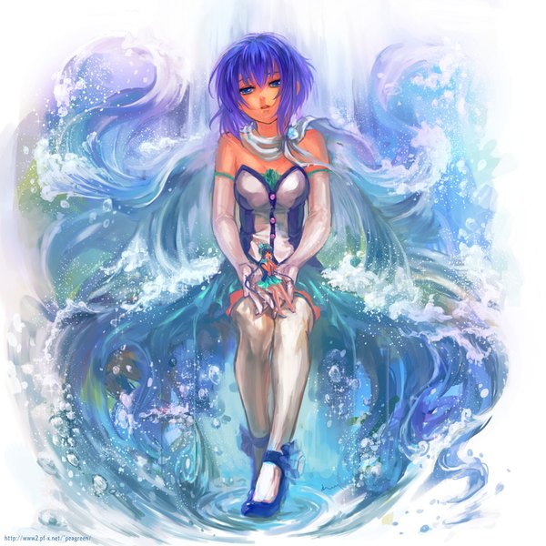Anime picture 800x800 with vocaloid aoki lapis yamakawa umi looking at viewer fringe blue eyes hair between eyes sitting bare shoulders signed purple hair full body parted lips magic solo focus fantasy dual persona fairy girl thighhighs