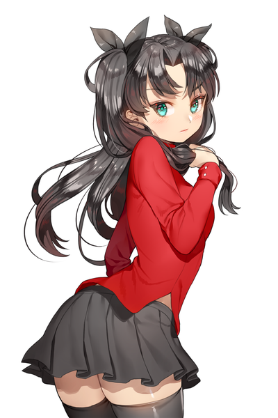 Anime picture 1000x1500 with fate (series) fate/grand order fate/stay night toosaka rin ruhee single long hair tall image looking at viewer blush fringe black hair simple background white background green eyes long sleeves pleated skirt looking back two side up zettai ryouiki