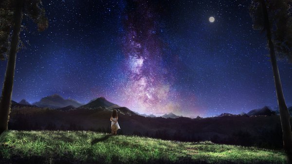 Anime picture 1280x720 with original geshi single black hair wide image standing holding outdoors from behind night shadow night sky hands behind back horizon mountain landscape scenic milky way girl dress