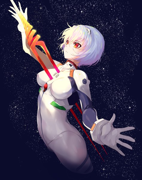 Anime picture 2850x3600 with neon genesis evangelion gainax ayanami rei huyou (awegk) single tall image fringe highres short hair breasts light erotic hair between eyes red eyes blue hair looking away parted lips arm up night night sky girl