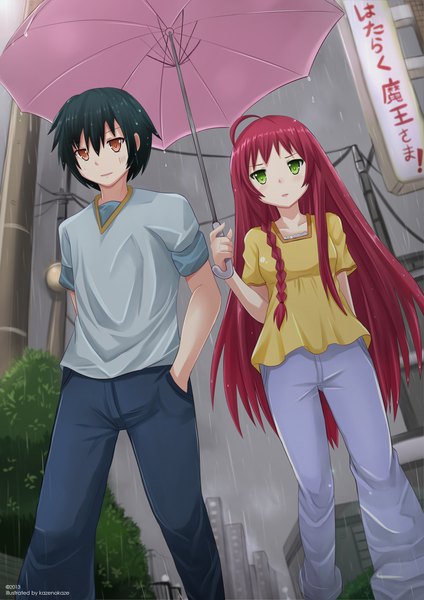 Anime picture 1200x1697 with hataraku maou-sama! white fox yusa emi maou sadao kazenokaze long hair tall image short hair black hair red eyes green eyes red hair braid (braids) couple rain shared umbrella girl boy umbrella t-shirt