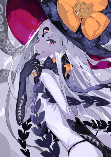 Anime picture 1200x1697 with fate (series) fate/grand order abigail williams (fate) abigail williams (third ascension) (fate) alchemaniac single long hair tall image looking at viewer light erotic smile silver hair pink eyes finger to mouth shaded face girl gloves bow hat black gloves
