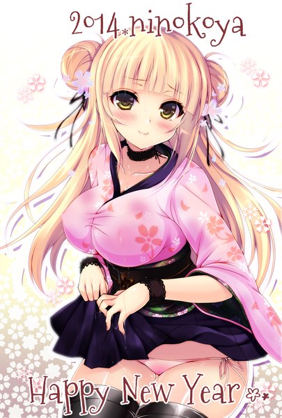 Anime picture 1574x2330 with original ninoko single long hair tall image looking at viewer blush light erotic blonde hair yellow eyes new year dress lift happy new year 2014 girl thighhighs dress underwear panties flower (flowers)