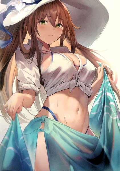 Anime picture 4250x6044 with girls frontline m1903 springfield (girls frontline) sola (solo0730) single long hair tall image looking at viewer blush fringe highres breasts light erotic simple background hair between eyes brown hair large breasts standing holding green eyes absurdres