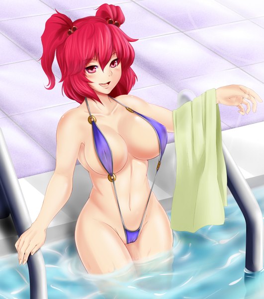 Anime picture 2728x3080 with touhou onozuka komachi kasu-pan (artist) tall image blush highres short hair breasts open mouth light erotic red eyes large breasts red hair midriff two side up girl navel towel