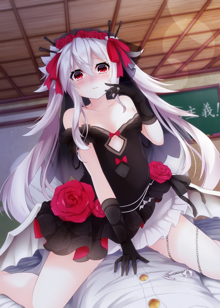 Anime picture 1000x1403 with azur lane vampire (azur lane) vampire (eloi's blessing) (azur lane) shiira (nya rl) tall image looking at viewer blush fringe light erotic hair between eyes red eyes sitting twintails payot silver hair off shoulder dutch angle lens flare hieroglyph solo focus
