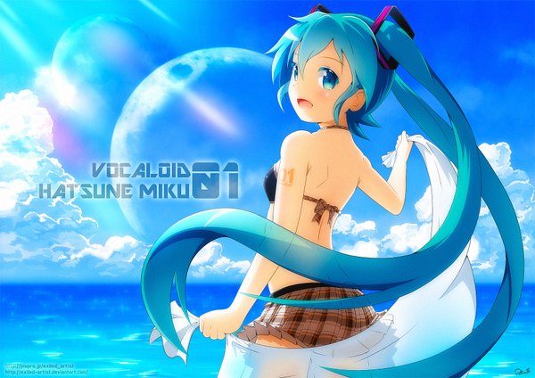 Anime picture 1754x1240 with vocaloid hatsune miku exiled (artist) single long hair blush highres open mouth blue eyes light erotic smile twintails blue hair sky cloud (clouds) pleated skirt looking back sunlight inscription tattoo