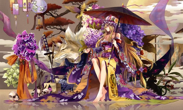 Anime picture 1652x1000 with touhou yakumo yukari yakumo ran chen neko (yanshoujie) long hair blonde hair wide image full body japanese clothes barefoot legs girl flower (flowers) bow plant (plants) hair bow tree (trees) kimono umbrella