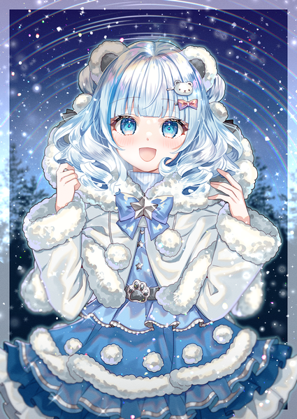 Anime-Bild 1000x1412 mit original shione (memento forest) single long hair tall image looking at viewer fringe open mouth blue eyes animal ears blue hair blunt bangs :d fur trim border bear ears girl fur bobby pin pom pom (clothes)