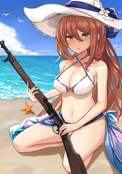 Anime picture 1157x1637 with girls frontline m1903 springfield (girls frontline) tark1122 single long hair tall image looking at viewer blush fringe breasts open mouth light erotic hair between eyes brown hair sitting bare shoulders holding green eyes cleavage outdoors