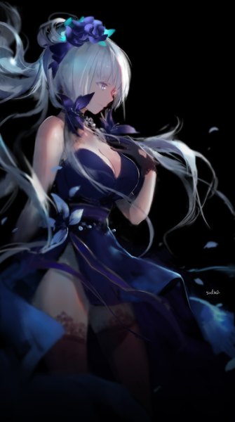 Anime picture 1418x2540 with azur lane illustrious (azur lane) illustrious (never-ending tea party) (azur lane) swd3e2 single long hair tall image fringe breasts blue eyes light erotic simple background standing twintails signed cleavage silver hair profile official art floating hair