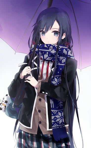 Anime-Bild 1029x1673 mit yahari ore no seishun love comedy wa machigatteiru. brains base (studio) yukinoshita yukino tr (hareru) single long hair looking at viewer fringe black hair simple background hair between eyes standing white background holding outdoors long sleeves aqua eyes open jacket plaid skirt girl