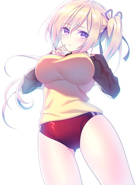 Anime picture 855x1149 with musaigen no phantom world kawakami mai touwa nikuman single long hair tall image looking at viewer breasts light erotic simple background blonde hair large breasts white background purple eyes mole from below mole under eye side ponytail hand on chest finger to mouth