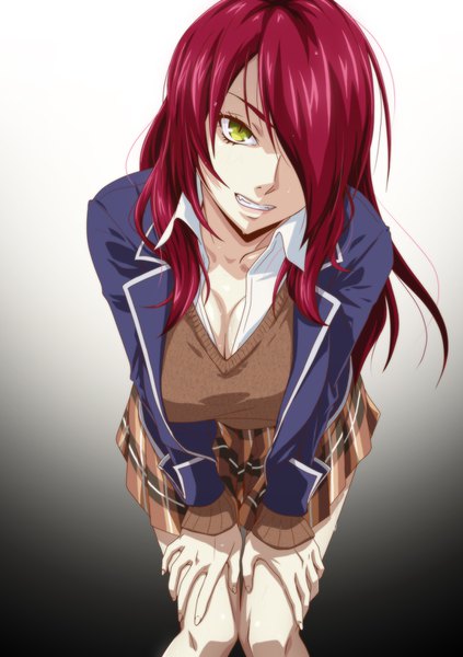 Anime-Bild 1080x1530 mit shokugeki no soma j.c. staff kobayashi rindou kyabakurabakufu single long hair tall image looking at viewer fringe breasts light erotic smile large breasts green eyes cleavage bent knee (knees) red hair long sleeves pleated skirt hair over one eye