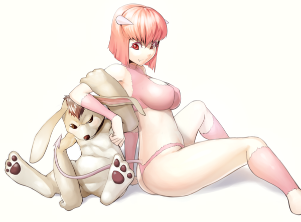 Anime picture 1200x888 with monster farm pixie (monster farm) hare (monster farm) tkln single short hair breasts light erotic simple background red eyes white background brown eyes red hair tail horn (horns) girl animal