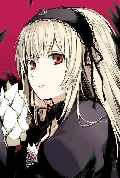 Anime picture 600x888 with rozen maiden suigintou arisaka ako single long hair tall image looking at viewer red eyes silver hair puffy sleeves black wings lolita fashion goth-loli girl dress wings frills headscarf