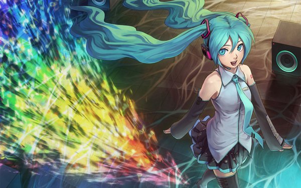 Anime picture 1920x1200 with vocaloid hatsune miku ryuutetsu single long hair looking at viewer fringe highres open mouth wide image twintails bare shoulders aqua eyes aqua hair girl thighhighs skirt black thighhighs detached sleeves necktie