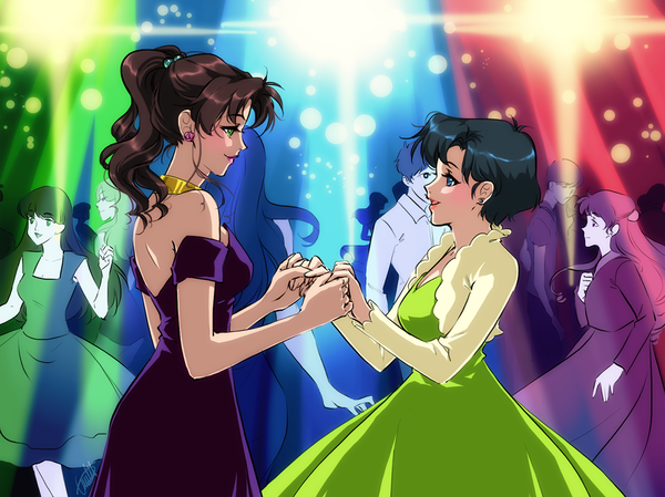 Anime picture 1193x893 with bishoujo senshi sailor moon toei animation kino makoto mizuno ami eflunn (emilylunn) long hair blush short hair blue eyes brown hair multiple girls green eyes blue hair profile lips multiple boys holding hands face to face eye contact dancing