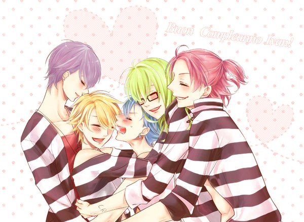 Anime picture 1189x871 with lucky dog giulio di bondone gian carlo bernardo ortolani ivan fiore luchino gregoretti komichi96 long hair blush fringe short hair open mouth blonde hair smile bare shoulders blue hair pink hair purple hair ahoge ponytail