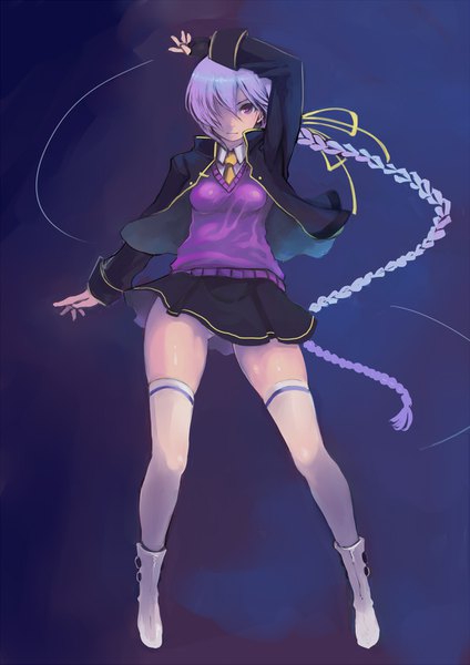 Anime-Bild 1100x1555 mit melty blood under night in-birth type-moon sion eltnam atlasia johan (johan13) single tall image fringe light erotic simple background hair between eyes standing purple eyes purple hair full body braid (braids) very long hair arm up hair over one eye open jacket