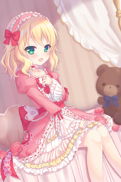 Anime picture 747x1120 with idolmaster idolmaster cinderella girls idolmaster cinderella girls starlight stage sakurai momoka anoa single long hair tall image looking at viewer blush fringe open mouth blonde hair sitting green eyes lolita fashion sweet lolita dear my lady girl dress