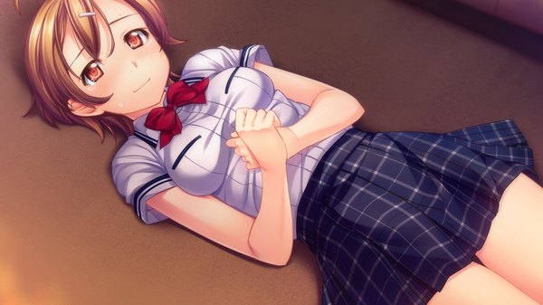 Anime picture 1280x720 with sousei kitan aerial kashiwagi risa short hair red eyes brown hair wide image game cg girl skirt uniform school uniform miniskirt shirt