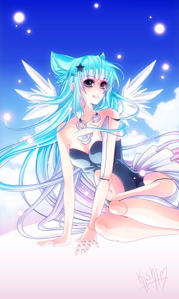 Anime picture 1500x2500 with original eos kishishiotani single tall image looking at viewer highres breasts light erotic smile sitting purple eyes bare shoulders animal ears pink hair sky cleavage cloud (clouds) very long hair multicolored hair