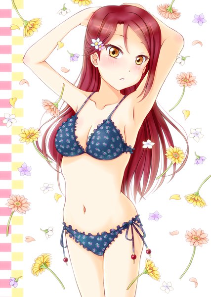 Anime picture 712x1000 with love live! sunshine!! sunrise (studio) love live! sakurauchi riko hiro9779 single long hair tall image looking at viewer blush fringe breasts light erotic simple background hair between eyes standing bare shoulders yellow eyes red hair hair flower