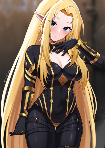 Anime picture 2481x3507 with kage no jitsuryokusha ni naritakute! alpha (kage no jitsuryokusha ni naritakute!) nassss single long hair tall image looking at viewer blush highres breasts blue eyes light erotic blonde hair smile standing signed cleavage pointy ears twitter username girl
