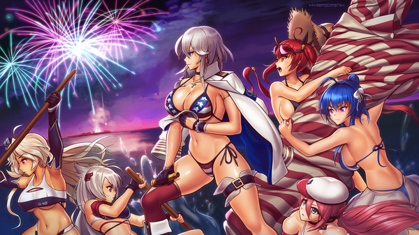 Anime picture 1920x1080 with azur lane st. louis (azur lane) honolulu (azur lane) honolulu (summer accident?!) (azur lane) washington (azur lane) montpelier (azur lane) ranger (azur lane) brooklyn (azur lane) hybridmink long hair fringe highres short hair breasts open mouth blue eyes light erotic blonde hair hair between eyes red eyes