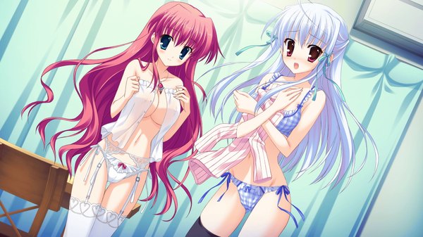 Anime picture 1920x1080 with marginal skip sheila el elise mitha long hair blush highres breasts open mouth blue eyes light erotic red eyes wide image large breasts multiple girls blue hair pink hair cameltoe checkered transparent girl