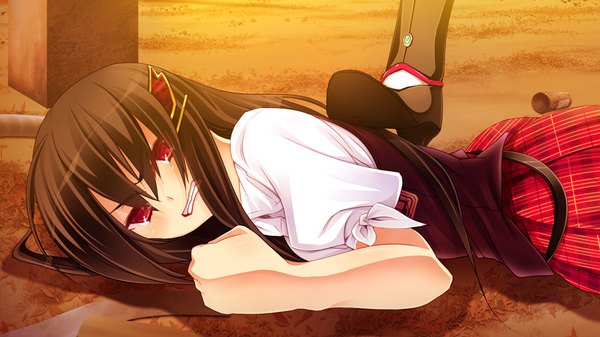 Anime picture 1024x576 with legend seven (game) long hair black hair red eyes wide image game cg grin girl uniform school uniform