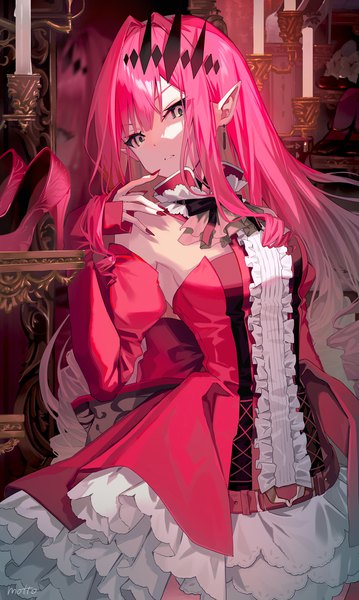 Anime picture 958x1600 with fate (series) fate/grand order baobhan sith (fate) mocha (mokaapolka) single long hair tall image looking at viewer fringe pink hair blunt bangs nail polish pointy ears high heels turning head drill hair reflection frilled dress red nail polish shoes removed