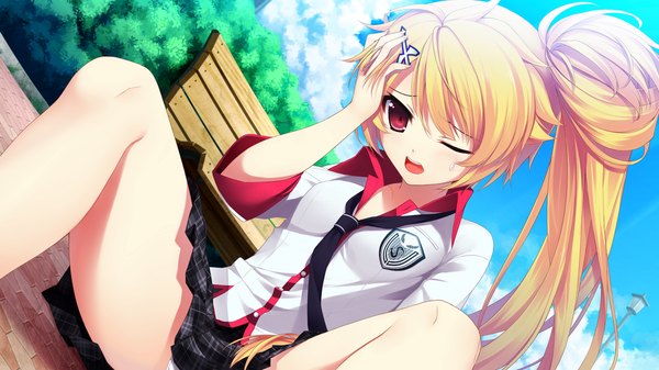 Anime-Bild 1280x720 mit chuning lover natsu konatsu koso single long hair open mouth light erotic blonde hair red eyes wide image game cg ponytail one eye closed wink side ponytail pantyshot sitting girl skirt uniform school uniform