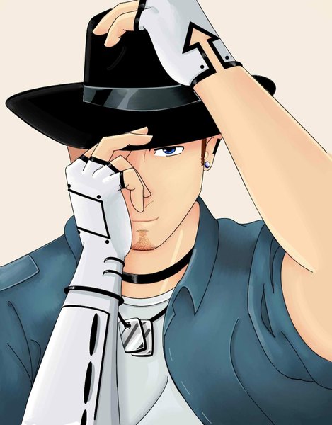 Anime picture 1401x1791 with vocaloid bruno (vocaloid) single tall image highres short hair blue eyes brown hair boy hat fingerless gloves locket dog tags