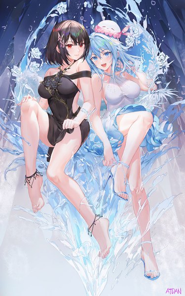 Anime picture 1000x1600 with original vocaloid synthesizer v haiyi atdan long hair tall image looking at viewer fringe short hair breasts open mouth light erotic black hair smile hair between eyes red eyes large breasts multiple girls signed