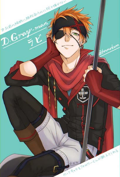 Anime picture 900x1320 with d.gray-man lavi kazemachidori single tall image looking at viewer fringe short hair smile sitting holding green eyes signed bent knee (knees) orange hair copyright name character names twitter username text hieroglyph