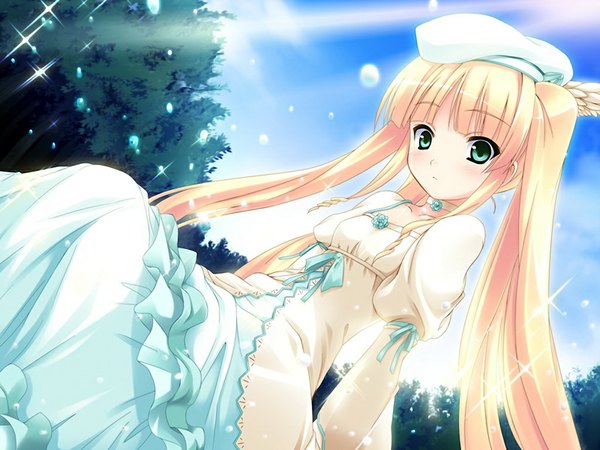 Anime picture 1024x768 with prawf clwyd alfhild tranen blonde hair twintails green eyes game cg loli girl dress