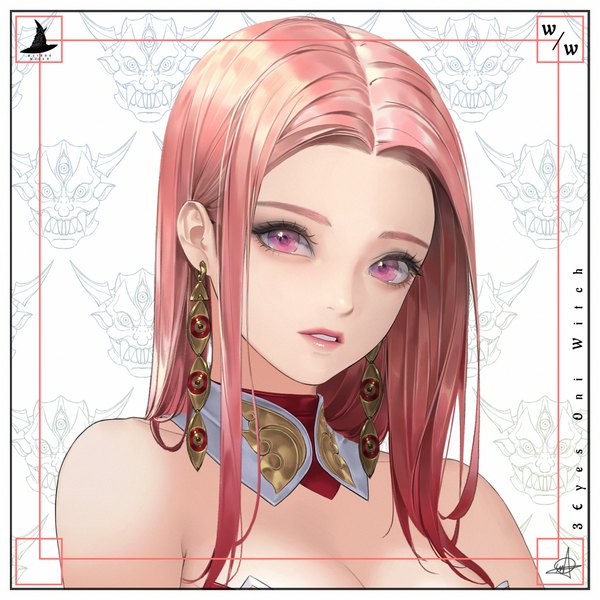 Anime picture 4000x4000 with original ake (cherrylich) single long hair looking at viewer highres signed pink hair absurdres parted lips pink eyes portrait gradient hair face framed oni girl earrings detached collar youkai
