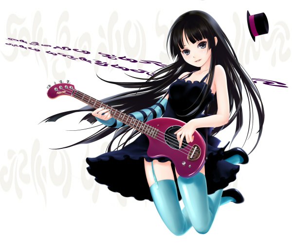 Anime picture 1200x1000 with k-on! kyoto animation akiyama mio long hair looking at viewer jumping thighhighs dress hat black dress guitar mini hat mini top hat bass guitar