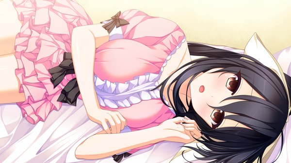 Anime picture 1280x720 with endless dungeon vell sein suzume miku single long hair blush open mouth black hair wide image brown eyes game cg girl dress bow hair bow