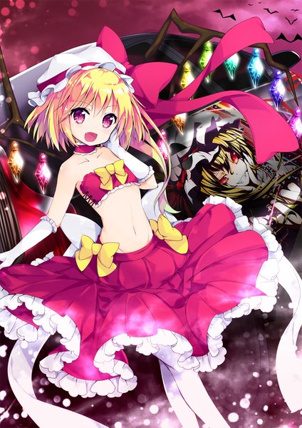 Anime picture 707x1000 with touhou flandre scarlet yaki mayu single long hair tall image looking at viewer blush fringe short hair open mouth blonde hair ponytail :d pink eyes bare belly fang (fangs) groin hand on face hand on cheek