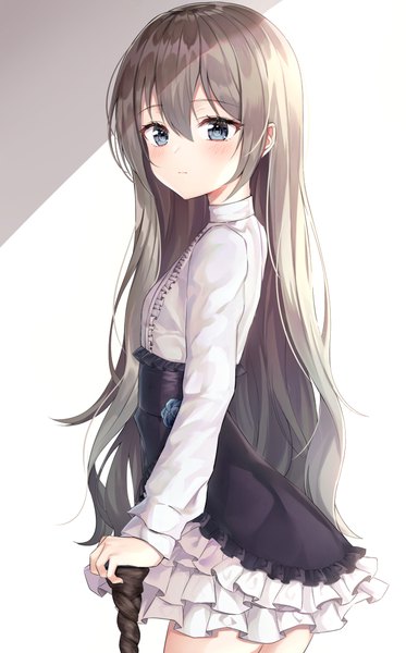 Anime picture 700x1126 with original hinaki (hinaki 0102) single long hair tall image looking at viewer blush fringe simple background hair between eyes brown hair standing white background payot long sleeves profile arm support grey eyes flat chest frilled dress