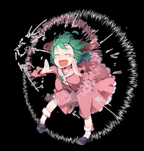 Anime picture 1096x1154 with touhou kasodani kyouko furorina single tall image short hair open mouth smile animal ears eyes closed long sleeves green hair leaning leaning forward black background ^ ^ ^o^ screaming girl dress